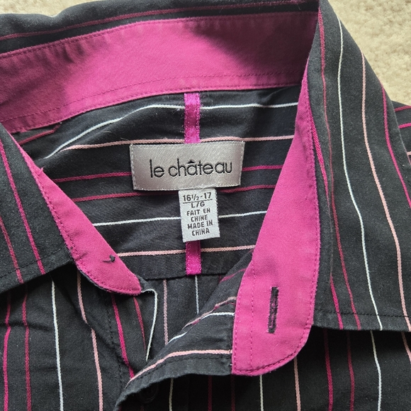 Le Chateau Black Dress Shirt with Pink and White Striped Design - Picture 2 of 8